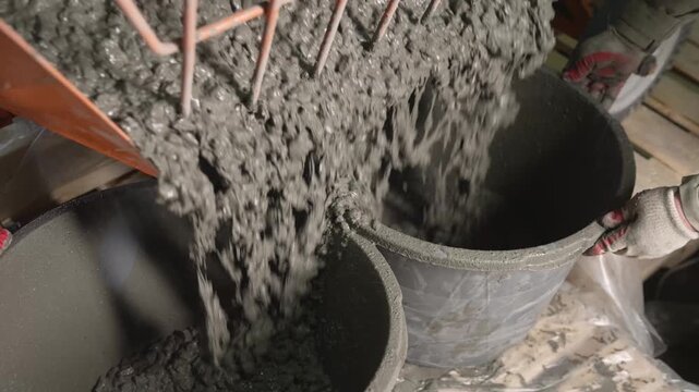 Wet concrete pours from a mixer chute into two large buckets held by gloved hands. The grey mixture flows steadily, filling the containers for construction use