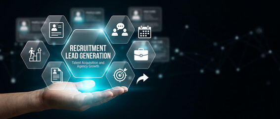 Fototapeta premium Recruitment Lead Generation Concept with Digital Hexagon Icons Floating Above a Human Hand