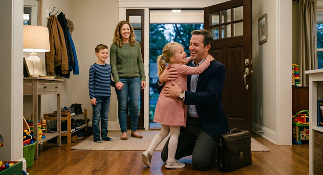Happy family welcoming father returning home from work