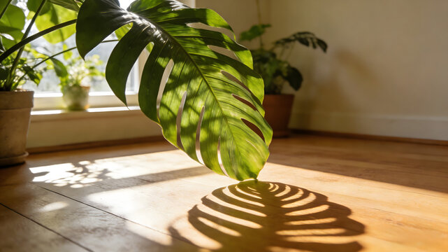 Large fenestrated monstera leaf casting shadow on wooden floor