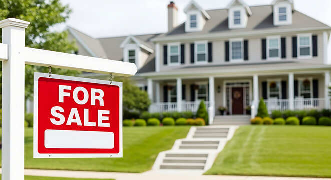 Modern house with for sale sign in front yard
