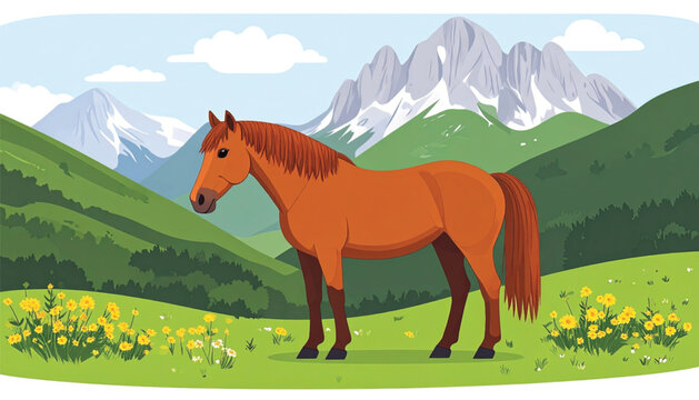 Brown Horse Standing in Green Field.