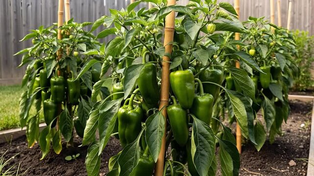 rows of green peppers grow in a garden bed with bamboo stakes