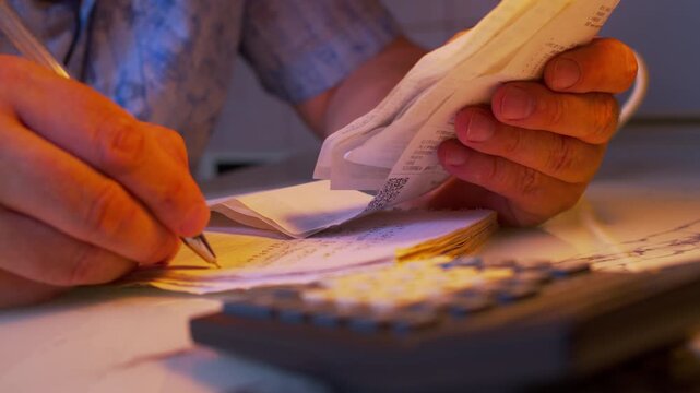 Low angle close-up of a man's hands copying financial data from paper receipts into a notebook under a desk lamp.Cinematic  shot of writing down expenses in a ledger book.