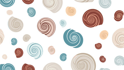 Beautiful seamless pattern featuring various types of spiral seashells in soft earthy tones, perfect for coastal and nautical themed designs. © MS
