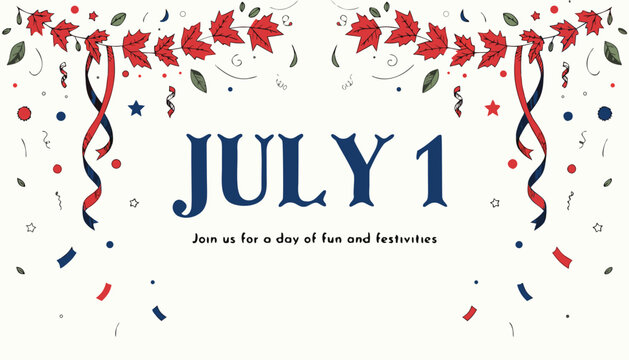 Decorative july first invitation card with red maple leaf patterns