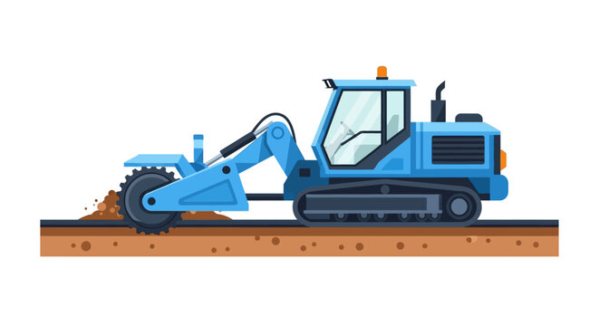 Blue Industrial Trench Cutter Machine for Civil Engineering and Excavation, Tracked Road Header Construction Equipment Illustration