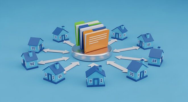 Data management concept showing houses connected to central folder with management property connection information business database organization directory structure centralized transfer