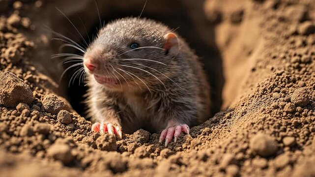 A small rodent peeks out from its burrow in the soft earth.