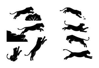Dynamic Black Panther Silhouette Collection, Agile Big Cat Poses, Wild Animal Vector Graphics, Powerful Predator Action Scenes, Hunting and Leaping Movements © Muhammad