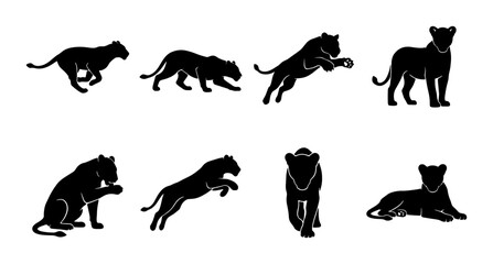 Black Panther Silhouette Set, Dynamic Poses Vector Collection, Wild Cat Animal Graphics, Powerful Predator Iconography, Feline Movement Illustrations © Muhammad