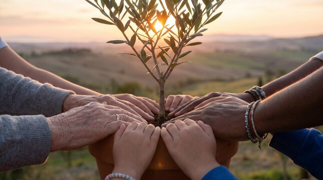 Diverse hands holding small olive tree pot together at sunset