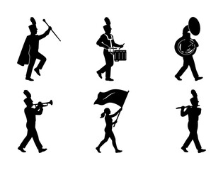 Marching Band Silhouettes Collection: Drummer, Trumpeter, Tuba Player, Flag Bearer, Baton Twirler, Flutist, Performance Icons, Music Ensemble Vector Set © Nusrat