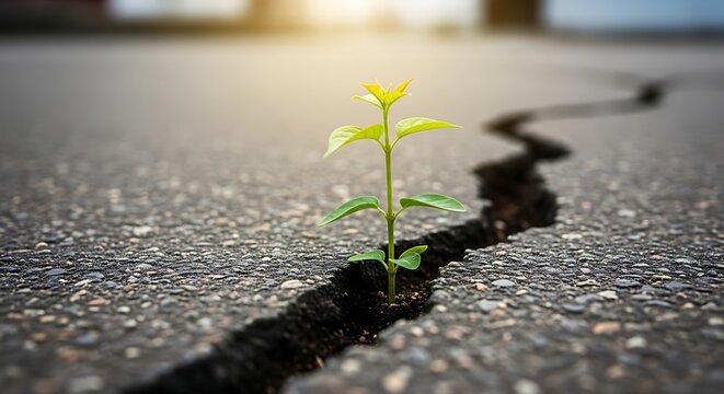 Young plant growing through cracked asphalt symbolising resilience and hope