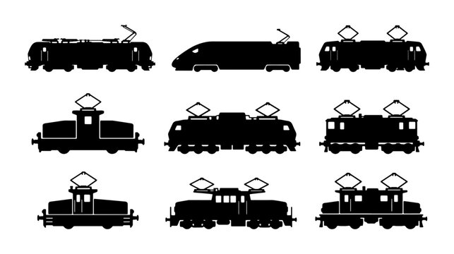 Set of 9 Diverse Electric Train Silhouettes, Vintage and Modern Locomotive Icons, Transportation Vector Graphics for Railway Projects