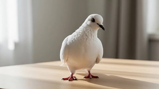 A solitary white dove perches on a wooden surface with soft window light.