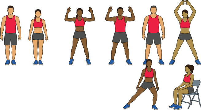 Fitness exercise collection featuring standing workouts, jumping jacks, side lunges and chair assisted movements with male and female athletes