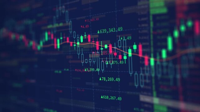 Seamless looped abstract visualization of financial data, price fluctuations, investment analysis and trading activity. Financial market interface with changing charts. Forex trading concept