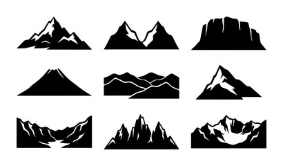 Diverse Mountain Silhouettes Collection, Vector Graphics Set for Nature and Adventure Themes, Black and White Landscape Icons © Mouri