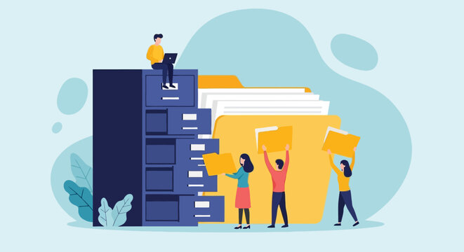 Business office team organizing corporate documentation in tall file cabinets while colleagues hold folders for paper archiving and data storage management work.