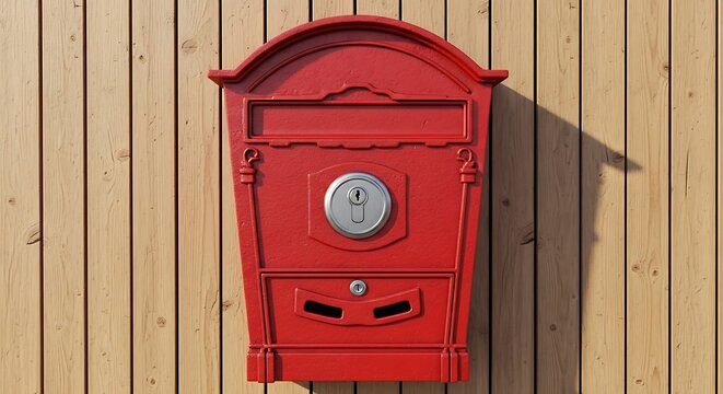 Elegant red mailbox with keyhole mounted on wooden fence with sunshine shadow.