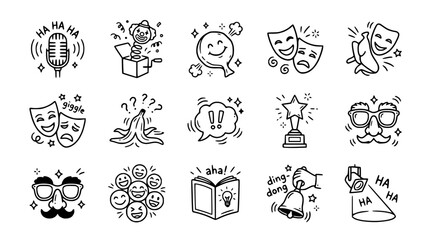 Fototapeta premium Comedy and Humor Icons: Laughter, Jokes, Entertainment, Performance, and Fun Symbols