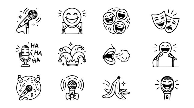Comedy Icons: Microphone, Laughter, Masks, Jester Hat, Banana Peel