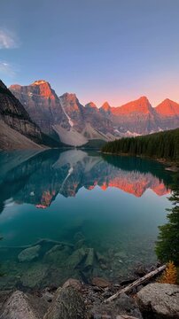 Breathtaking sunrise at Moraine Lake in the Canadian Rockies with mountain reflection in clear turquoise water