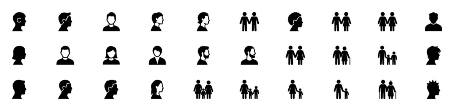 Set of various black human silhouette icons showing different age groups, genders, and family relationships in profile and front views on transparent background