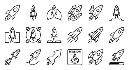 Collection of black line rocket icons showing different launch styles and space missions on transparent background © Maksym