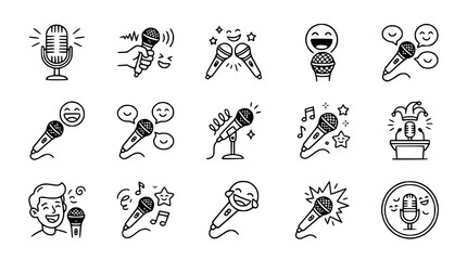 Fototapeta premium Microphone Icons Set: Singing, Comedy, Speech, Music, Performance - Hand Drawn Style