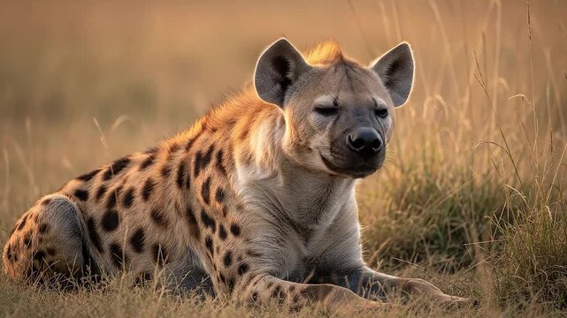 A spotted hyena rests in tall grass during golden hour. Wild animal.