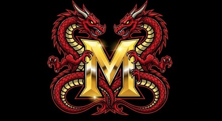 Naklejka premium Two red dragons surrounding a golden letter M.