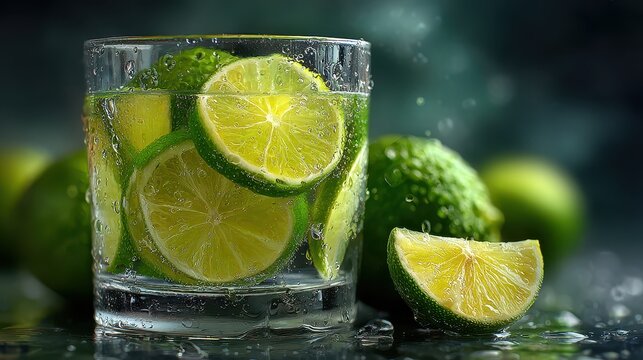 Refreshing citrus drink with lime lemon slices in a clear glass surrounded by whole and sliced limes on dark background