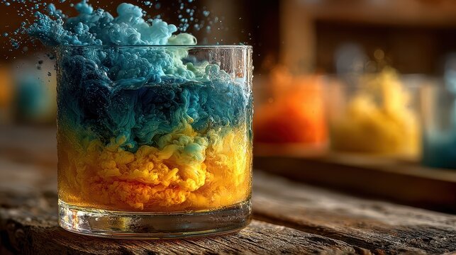 Colorful Ink Droplet in Water Creating Vibrant Cloud Shapes in a Clear Glass with Dark Background