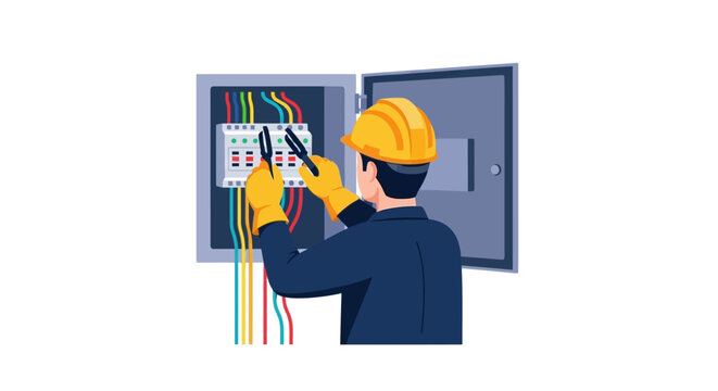 Electrician Working on Electrical Panel Vector Illustration: Professional Technician Repairing Circuit Breaker Box with Safety Gear and Tools