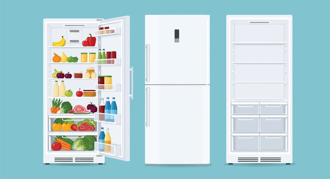 Set of three white domestic refrigerators showing open fridge with healthy food closed door view and empty interior with shelves and drawers in flat style.