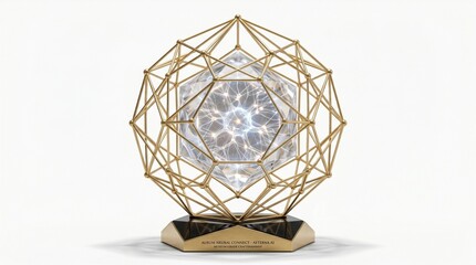 Obraz premium A golden geometric wireframe dodecahedron sculpture containing a glowing crystalline core, mounted on a dark base, isolated on white background