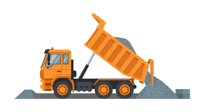 Orange Dump Truck Unloading Gravel Illustration, Heavy Duty Tipper Truck Isolated on White Background
