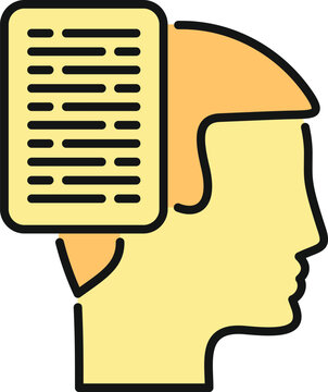 Person's head displaying a document with text lines representing memory and knowledge
