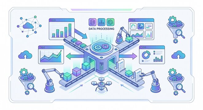 Data processing and automation concept with robotic arms