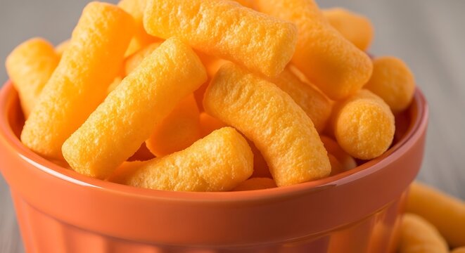 Crispy golden corn puff snack chips in a terracotta bowl close up