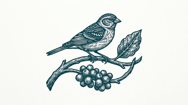 Vintage etched bird perched on coffee branch.