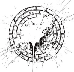 Obraz premium Broken brick wall circle frame design with grunge paint splatter effects for industrial concepts