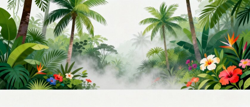 Tropical Jungle with Lush Greenery and Vibrant Flowers