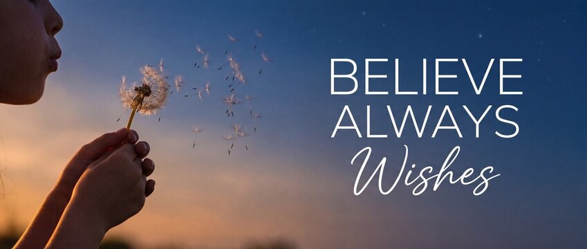 Child blowing dandelion seeds sunset backdrop holding flower at twilight with inspirational text believe always wishes for hope, dreams, magical concept banner, starry night sky background