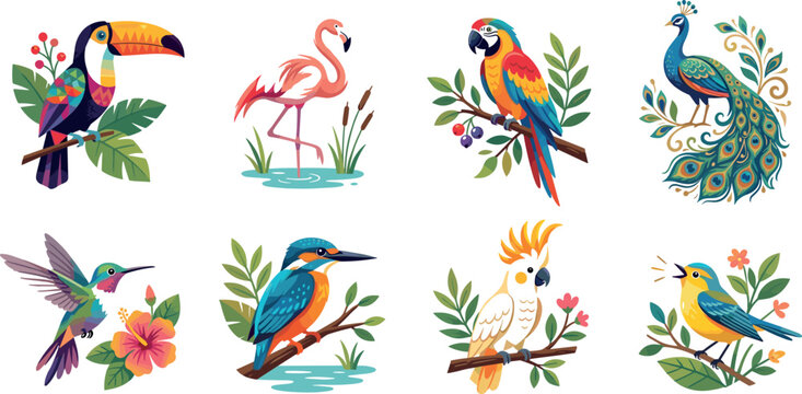 Exotic Tropical Birds Icon Set Featuring Colorful Toucan Flamingo Parrot Peacock Hummingbird Kingfisher Cockatoo and Songbird