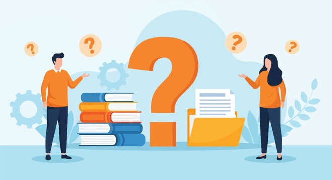 People discussing academic questions with stack of books and file folder icon as business research concept flat vector illustration for education or study.