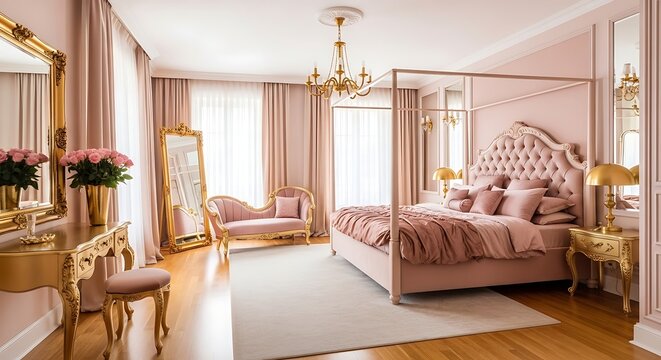 Elegant master bedroom with canopy bed and pink decor in luxury home interior