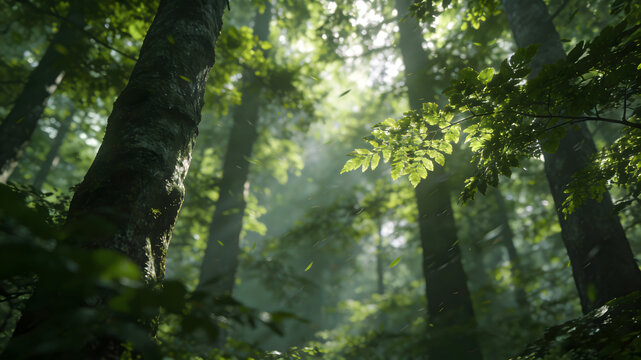Sunlight filtering through dense green forest canopy with mossy tree trunks